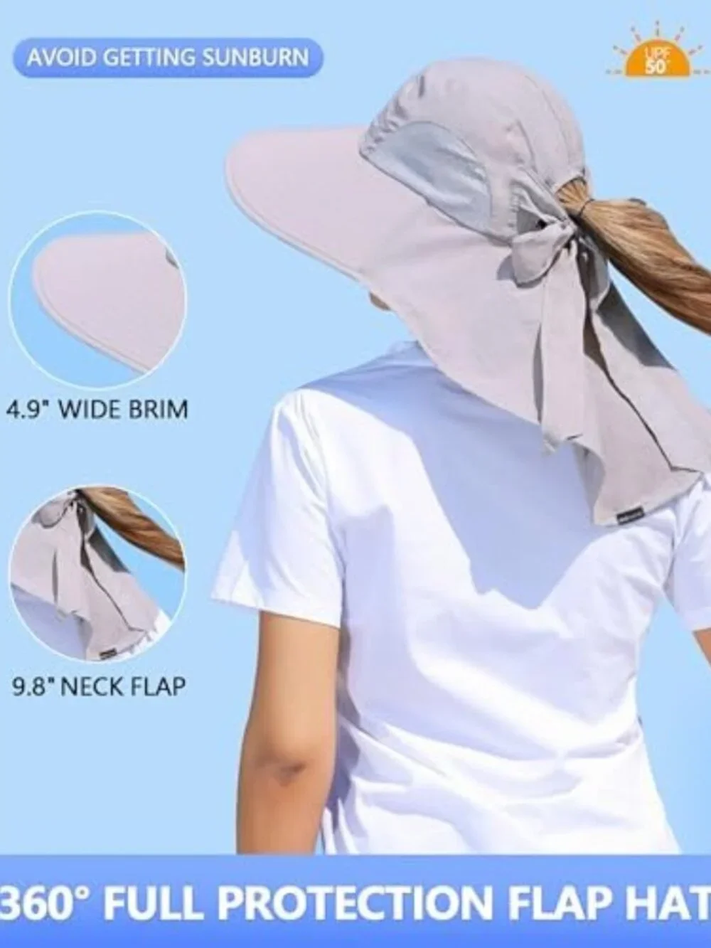 Wide Brim UV Protection Sun Hat for Women - Ponytail Hole & Neck Flap for Beach
